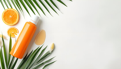 Flat lay composition with sunscreens on white background, space for text. Sun protection care