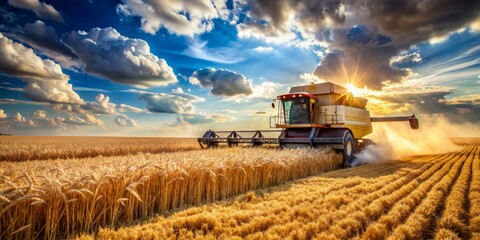 Fototapeta premium Rustic combine harvester machinery in a vast wheat field, golden grains flowing out, against a bright blue sky with scattered puffy white clouds.