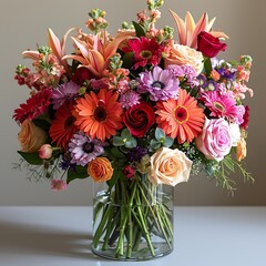 Mixed spring bouquet in various bright colors, Romantic bouquet of the first garden flowers