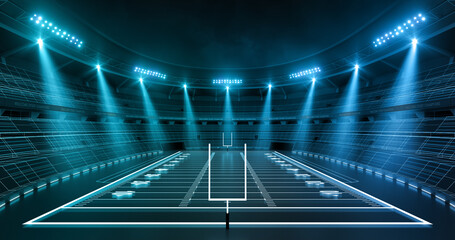 Futuristic American football stadium at night with shining spotlights and thrilling atmosphere before sport event. American football field illustration as sport background for advertising. © LeArchitecto