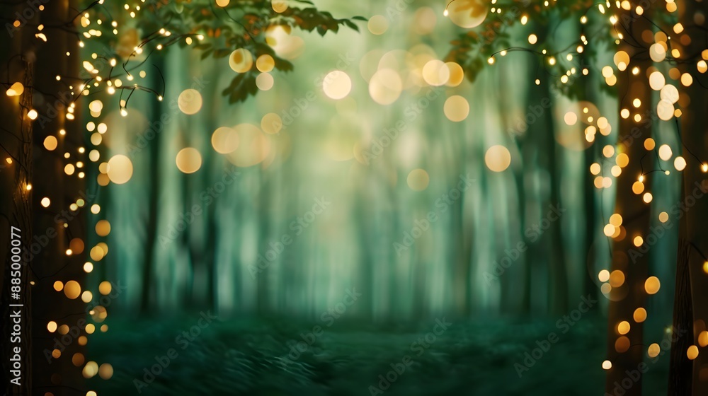 Poster a forest scene with trees lit up with lights. scene is warm and inviting