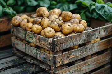 A wooden crate filled with freshly harvested potatoes, with soil still clinging to their skins. 