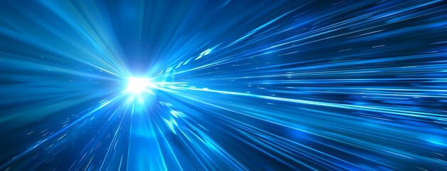 Fototapeta premium Abstract blue background with light rays and speed effect. Concept of high technology, futuristic design, digital communication or business innovation. Shiny glowing lines on dark backdrop 