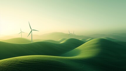 Obraz premium Wind turbines stand tall in a field of rolling green hills bathed in soft morning light.