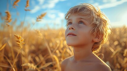 A sunny sky and a meadow with a young male. Outdoors and kids. Celebration of International Day for Children. First of June.