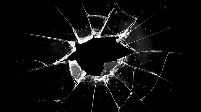 Black background, broken glass with cracks and holes, white silhouette of a cracked windows, minimalistic style, texture of broken glass	