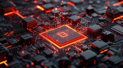 Information technology concept with info symbol on microchip: futuristic data flow from cpu across advanced motherboard in 3d render, showcasing high-tech digital circuitry and modern computer hardwar