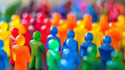 Vibrantly-hued human figures with diverse traits, hobbies, and abilities. Target audiences, their likes and buying ability. Advertising and dividing into segments.