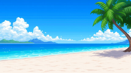 Fototapeta premium Pixel art illustration of a beach with a palm tree, blue ocean, and distant islands under a clear sky. 
