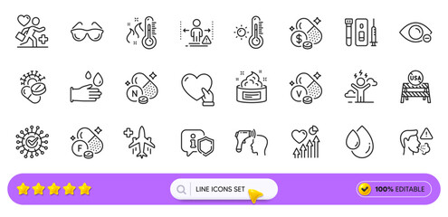 Weather thermometer, Rubber gloves and Cough line icons for web app. Pack of Coronavirus, Difficult stress, High thermometer pictogram icons. Vanadium mineral, Eyeglasses, Volunteer signs. Vector