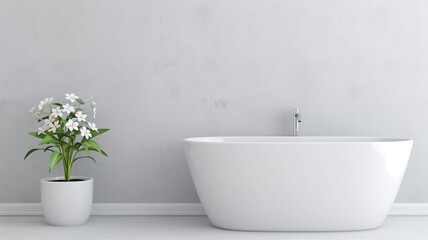 Fototapeta premium Minimalist bathroom featuring a white bathtub and a potted plant against a light gray wall, creating a serene atmosphere. 