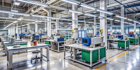 Diverse empty workstations and industrial equipment in a modern factory setting, symbolizing teamwork and collaboration in the manufacturing industry workplace.