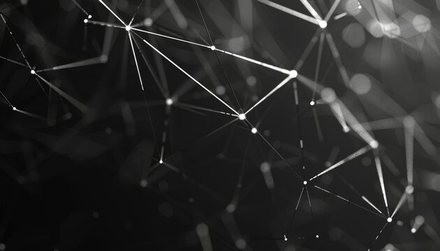 An abstract, glowing web of interconnected points and lines cascades across a dark backdrop, illustrating concepts of connectivity and network structures.