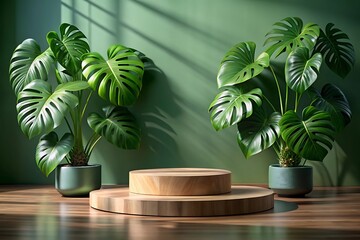 Obraz premium 3D Catwalk Design Enhanced by Natural Stones. Podium. Elegant 3D Wooden Stage with Tropical Background. Podium. Stage. Pedestal. Photos. Images.