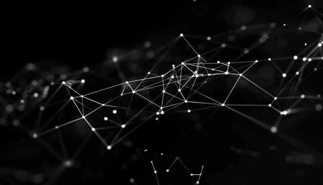 An abstract, glowing web of interconnected points and lines cascades across a dark backdrop, illustrating concepts of connectivity and network structures.