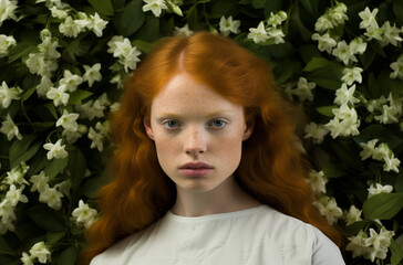 Naklejka premium Portrait Of Redheaded Woman With Freckles Surrounded By White Flowers In Green Garden