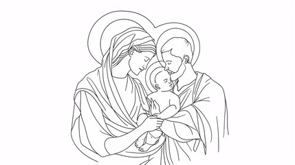 The Madonna cradles the infant Jesus as Joseph stands close by in this sacred family depiction, perfect for various illustrations. © ckybe