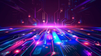 Futuristic neon technology background: glowing circuit board with blue and purple lights, high-tech digital interface design for innovation, ai, and cybersecurity concepts


