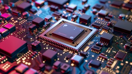 Close-up of a new technology chip background featuring intricate circuitry and advanced microprocessor design, highlighting modern innovation in electronics and computing technology. Ideal for illustr