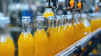 Automatic line for packing juices into glass or plastic containers. Beverage production. Bottling plant. Bottles on a factory conveyor belt. Illustration for cover, banner, brochure or presentation
