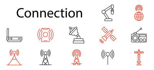 Connection set icon. Antenna, router, satellite, radio, signal tower, microphone, communication, network, wireless, technology, digital, broadcasting, internet, link, data, global communication.