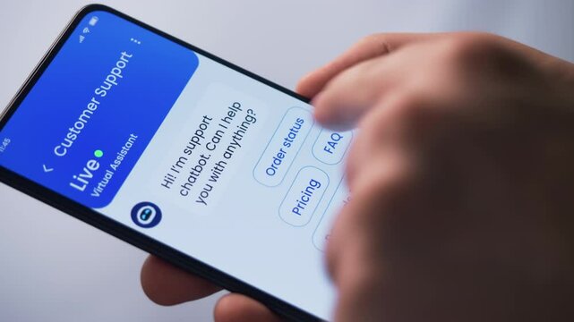 Live chat with the customer service chatbot. Artificial intelligence assistant provides online support for client of a business. Fictional Interface.