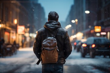 Naklejka premium Man in a hooded sweatshirt with a backpack walks along the street at night.