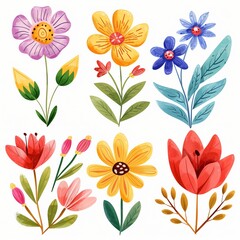 Bright Flower Illustration Set with Colorful Floral Elements for Nature and Spring-Themed Designs