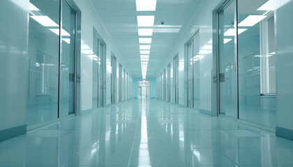 Obraz premium Empty clean hospital hallway with glass doors