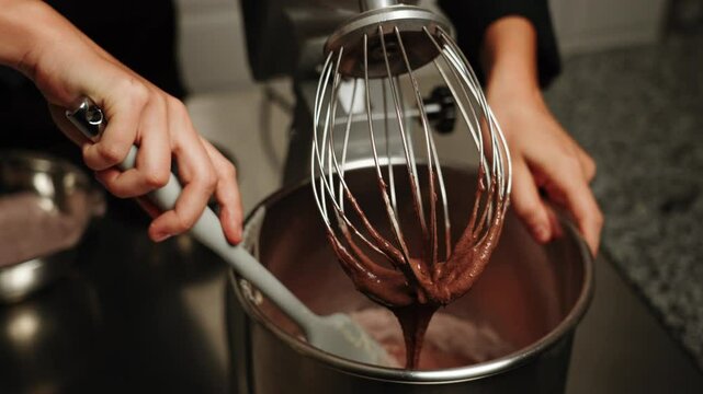 The process of preparing dough for a sponge cake. The ingredients of the sponge cake are mixed in a blender. The concept of confectionery preparation of products and cakes