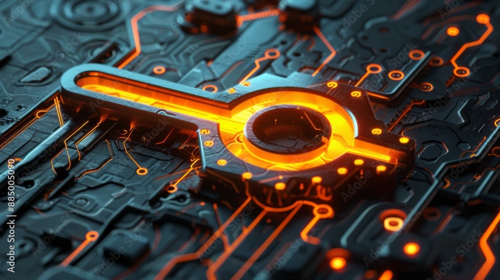 Poster orange and yellow neon light tool icon in 3d render on black background with high-tech floor, vibran
