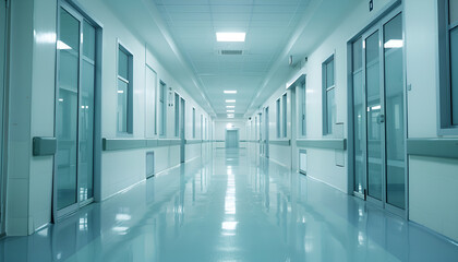 Empty clean hospital hallway with glass doors