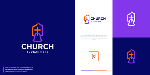 Fototapeta premium Cross logo with house of worship and church bell concept, logo design vector.