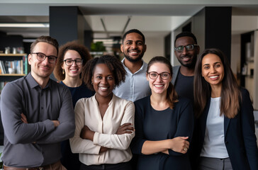 Diverse Group Of Business Professionals Smiling Together In Modern Office Environment With Bookshelf Background