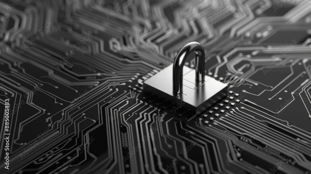 Poster secure padlock on circuit board depicting cybersecurity and digital data protection, symbolizing onl