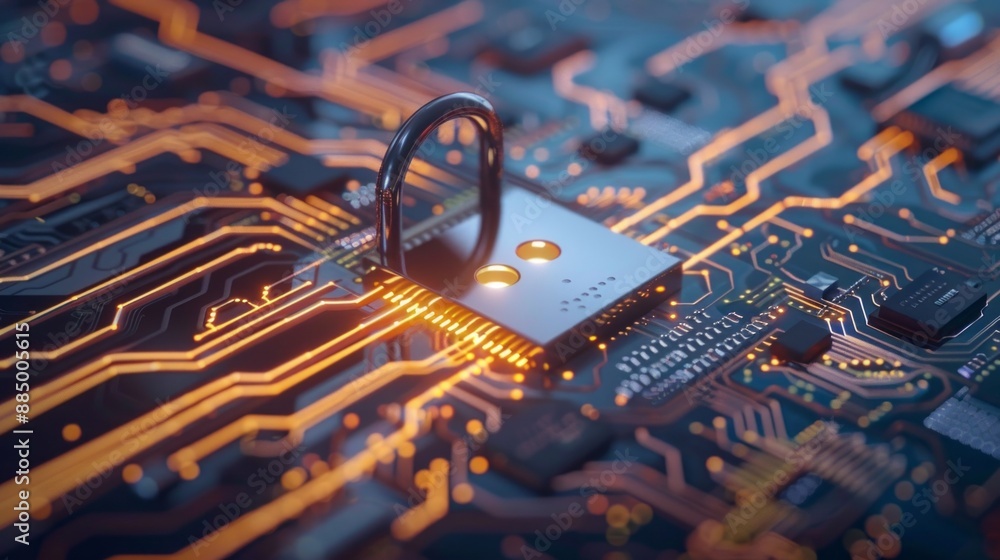 Poster secure padlock on circuit board depicting cybersecurity and digital data protection, symbolizing onl