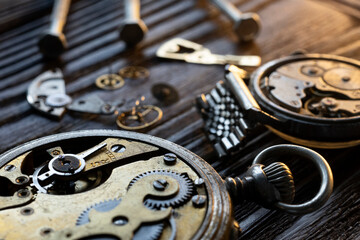 Watch repair. Watchmaker's workshop. Special tools for watch adjustment