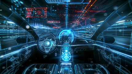 Futuristic electric car speedometer dashboard interior view with holographic wireframe digital technology background, highlighting advanced automotive innovation and modern high-tech vehicle display c