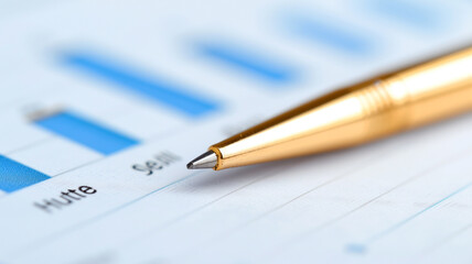 Close-up of a golden pen resting on a financial report with blue bar charts and data.
