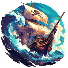 illustration art of pirate of ship on wave of sea for t-shirt