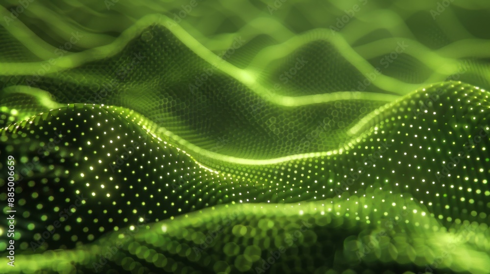 Poster innovative 3d wave dynamic background with green dots, futuristic flow, and technology abstract datu