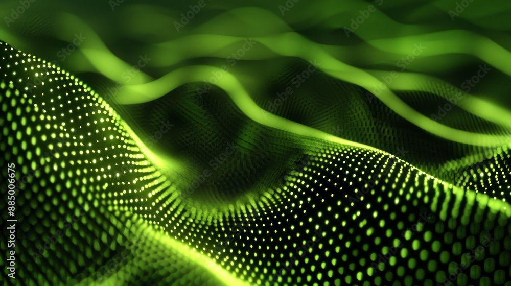 Poster innovative 3d wave dynamic background with green dots, futuristic flow, and technology abstract datu