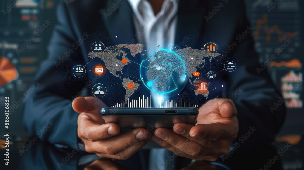Aufkleber businessman using smart phone appears virtual screen with world map and financial graphs