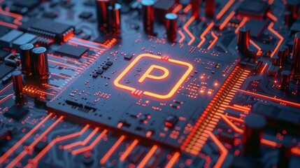 Restricted access technology concept with prohibition symbol on a microchip: orange neon data flowing between users and cpu across futuristic motherboard, 3d render illustrating high-tech security mea