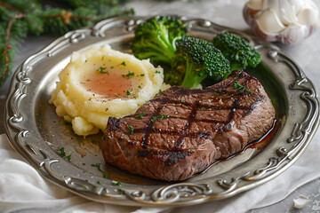 Grilled beef steak with mashed potatoes and broccoli on a metal plate