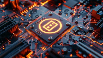 Restricted access technology concept with prohibition symbol on a microchip: orange neon data flowing between users and cpu across futuristic motherboard, 3d render illustrating high-tech security mea
