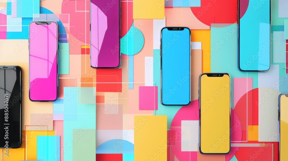 Aufkleber array of cutting-edge smartphones on a dynamic abstract background, highlighting innovative mobile t