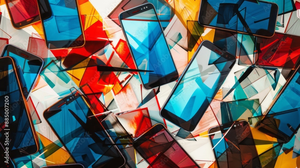Poster array of cutting-edge smartphones on a dynamic abstract background, highlighting innovative mobile t