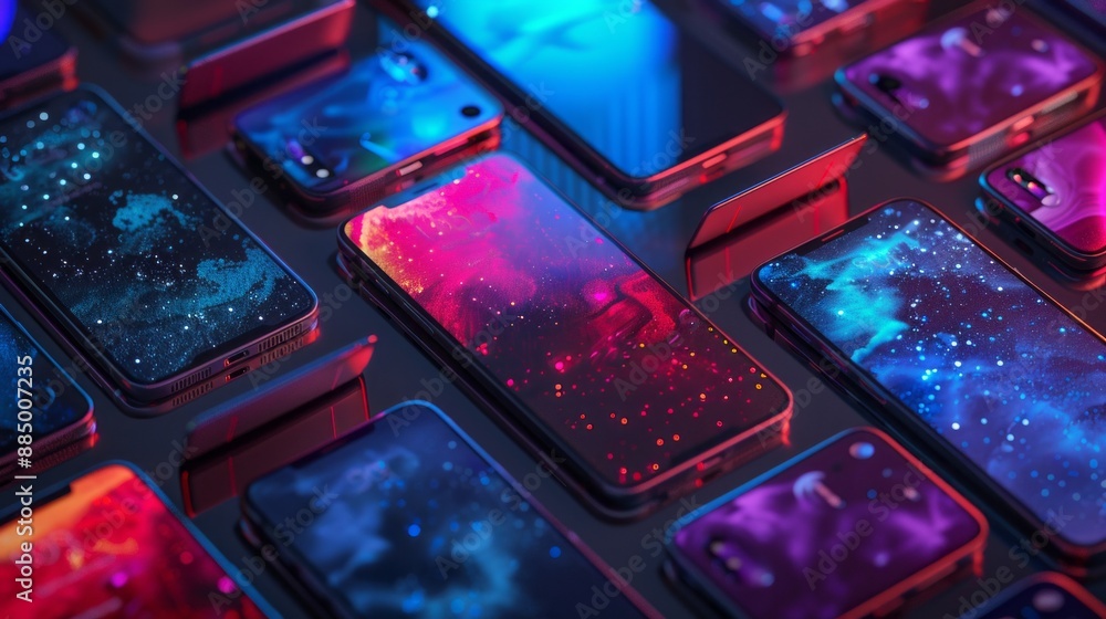 Poster array of cutting-edge smartphones on a dynamic abstract background, highlighting innovative mobile t