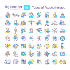 Types of psychotherapy RGB color icons set. Art therapy, playing instruments. Dance rehab, creativity expression. Isolated vector illustrations. Simple filled line drawings collection. Editable stroke